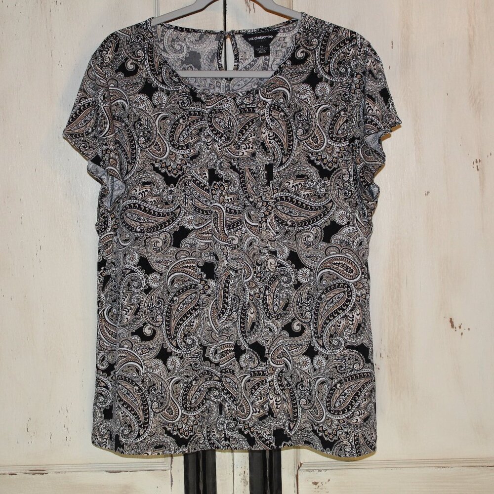 Liz Claiborne paisley print scoop‎ neck short flutter sleeve pleated front XL